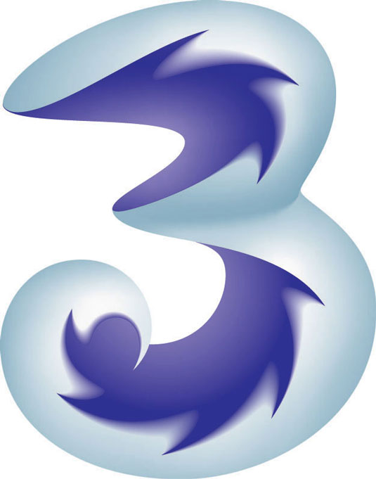 El logo de la empresa de telefonía móvil 3 es muy bonito, pero considera cuán fácil es transferir este logo a diferentes medio, tamaños, etcétera.